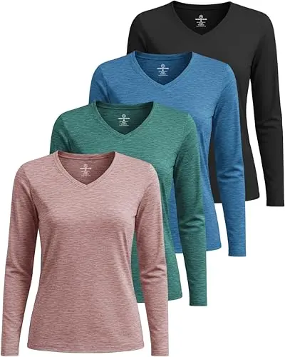 Real Essentials women's long sleeve dry-fit V-neck t-shirt in a 4-pack
