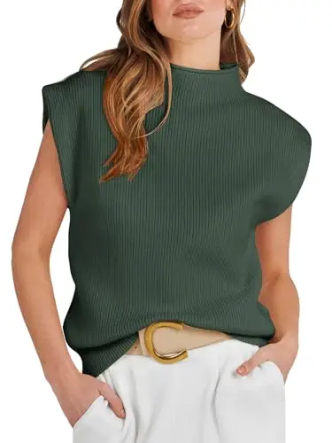 Anrabess Women's Mock Neck Sleeveless Sweater Vest in Green