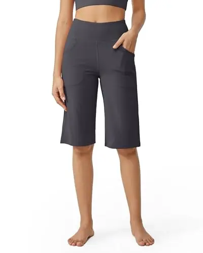 Promover women's deep grey wide leg crop pants, knee-length with high waist and pockets