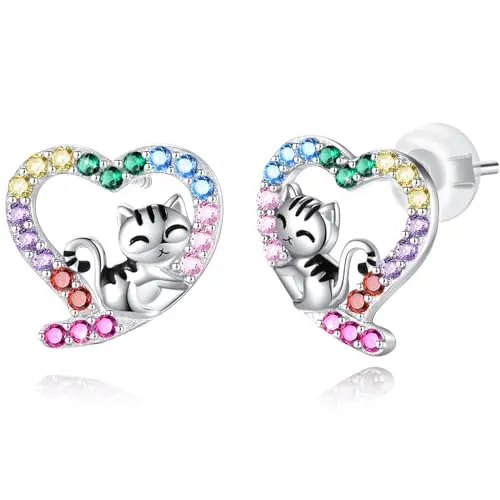 Cute cat-shaped stud earrings for girls with heart details, made from sterling silver