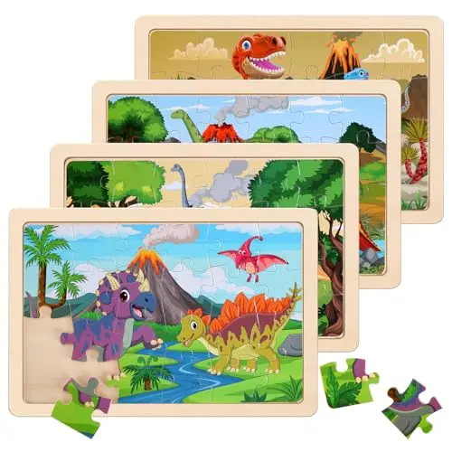 NASHRIO set of four wooden dinosaur jigsaw puzzles in frames