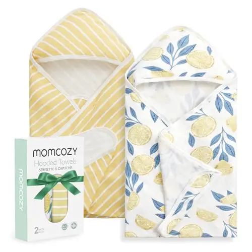 Momcozy baby bath towel set with hood in lemon leaves pattern