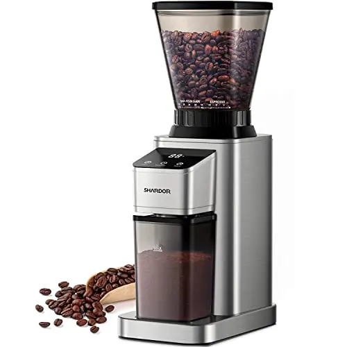 SHARDOR Professional Conical Burr Coffee Grinder in silver with touchscreen panel