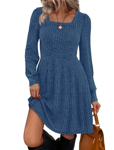 Long sleeve empire waist square neck babydoll dress for women in blue