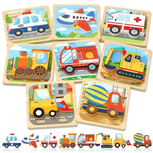Benresive 8 pack wooden vehicle puzzle set for toddler boys and girls