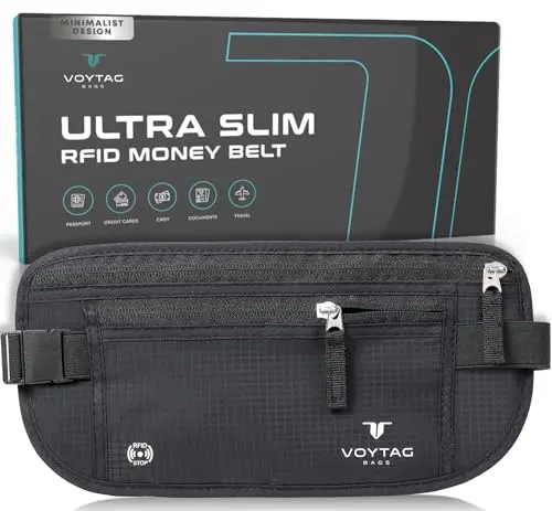 Black VOYTAG slim travel money belt with a padded mesh back.