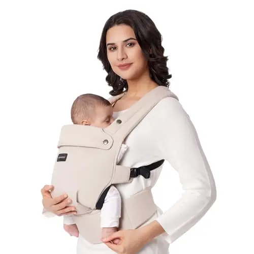 Momcozy Purehug structured baby carrier in Khaki, showing its X-back design and padded waistband.