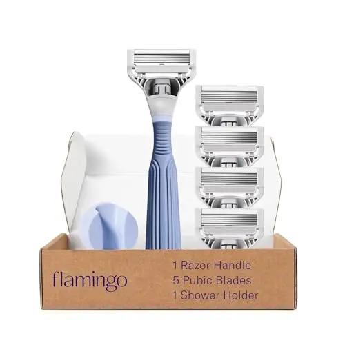Flamingo Pubic Hair Razor for women with handle, 4 five-blade refills, and shower holder