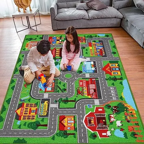 AKASISRUG green city map playmat rug showing a farm, gas station, hospital, and other buildings
