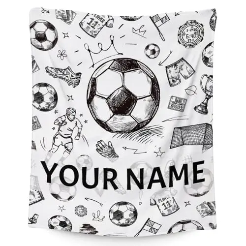 UNIKITTY Personalized Soccer blanket with name in white flannel