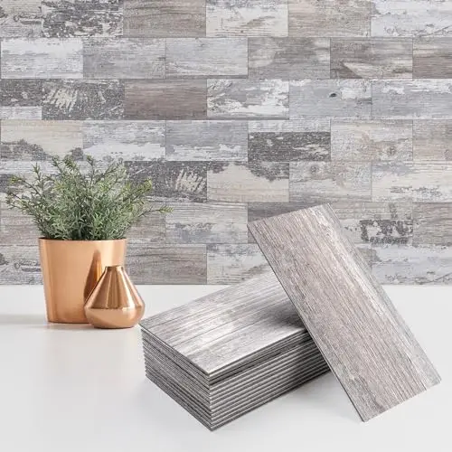 Distressed wood look peel and stick subway tiles for backsplash