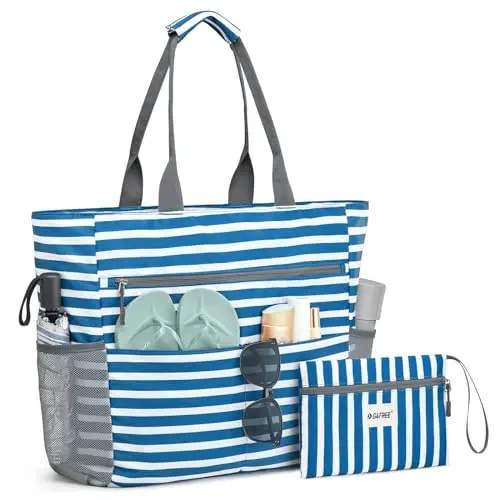 G4Free Navy Stripe Beach Tote with multiple pockets and a separate wet compartment