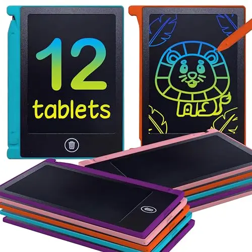 12 pack of mini 4.5-inch LCD writing tablets in orange, pink, and blue colors