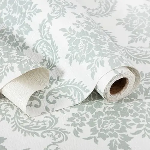 RAY STAR sage green damask floral patterned non-adhesive shelf liner roll