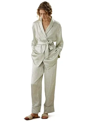 LilySilk women's printed silk pajama set with lapel collar and detachable belt
