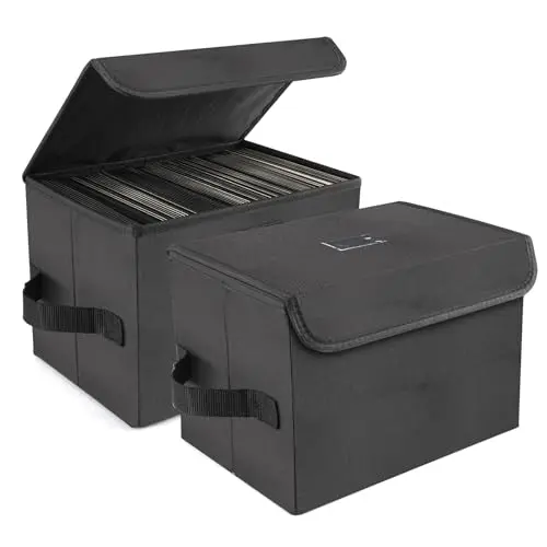 Set of two black nylon foldable storage boxes for 7-inch vinyl records with a clear card holder on the lid.