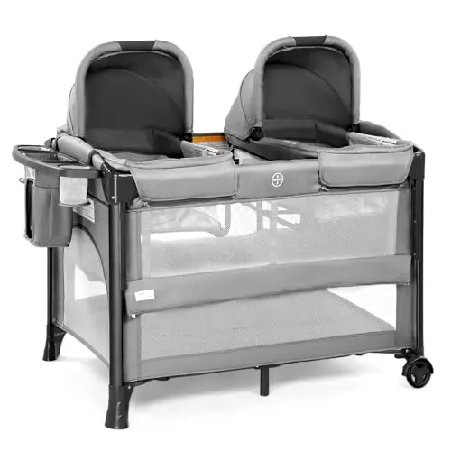 JOYMOR Twin Bassinet for Baby in Gray, convertible to bedside sleeper