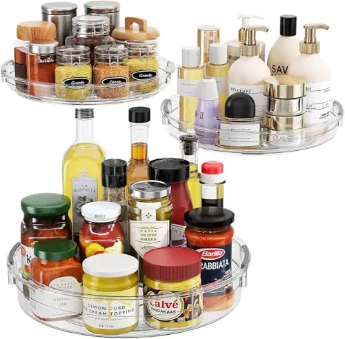 LAMU 3-pack clear acrylic lazy susan organizers in different sizes on a kitchen counter