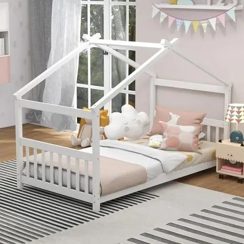 KOMFOTT white wooden house-shaped bed with pitched roof design