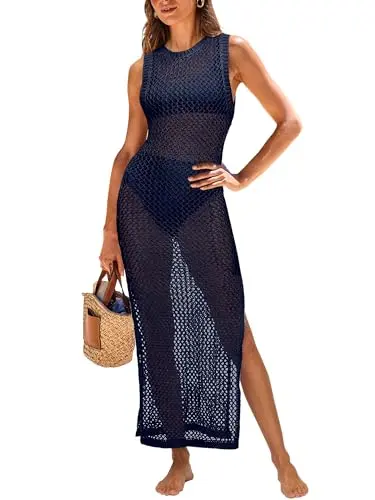 ANRABESS sleeveless hollow knit cover-up in blue with v-neck and backless detail