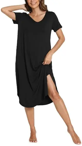 GYS short sleeve V-neck nightgown with side pockets in black