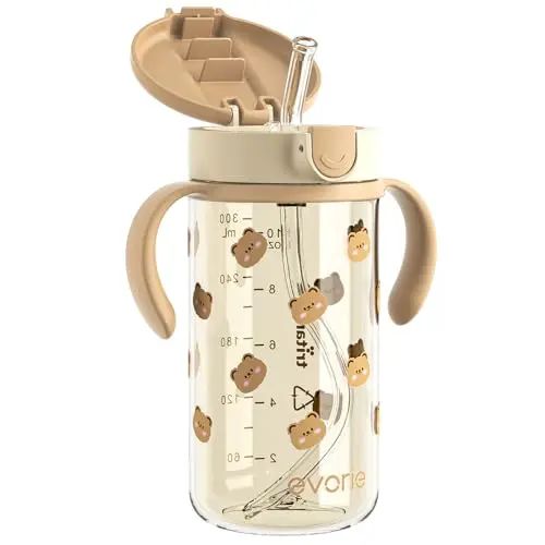 Evorie Tritan spill-proof toddler straw sippy cup with honey bear design