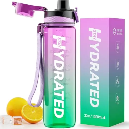 Mevoly 32oz Tritan plastic water bottle with purple-green gradient and time marker