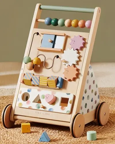 Tiny Land wooden baby walker in morandi color with activity center and rear rack