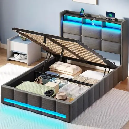 Rolanstar modern upholstered twin bed frame with lift-up storage and LED headboard