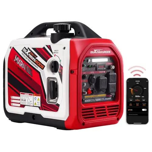 maXpeedingrods red and white inverter generator with Bluetooth app connectivity