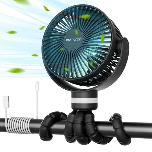 Momcozy portable stroller fan with a large battery base and detachable tripod, featuring an LED night light.