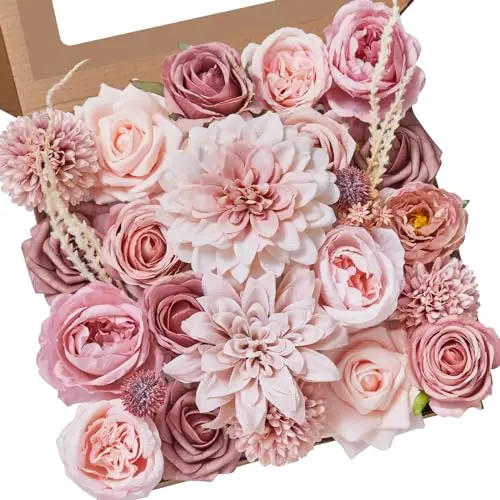 Alecono box of dusty pink silk and foam artificial flowers for DIY arrangements