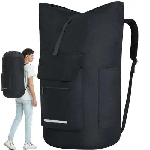 Quovexa black cylindrical laundry backpack with multiple pockets
