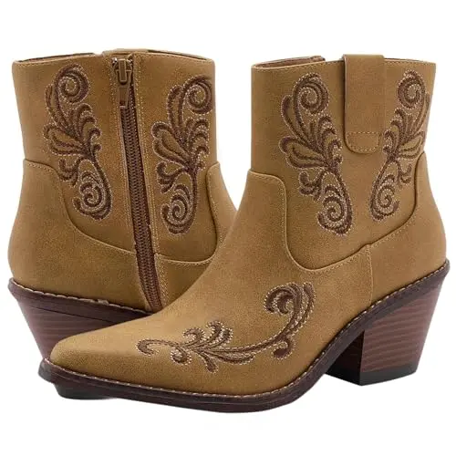 Canyon Trails ankle cowboy boots for women in tan with distressed faux leather