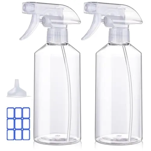Clear plastic spray bottles with upgraded nozzles and included funnel