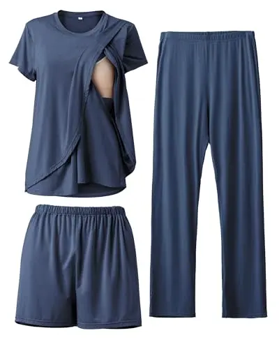 Rnxrbb 3-piece postpartum nursing pajama set in navy with a top, shorts, and pants