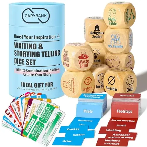Garybank story cubes, writing skill cards, and character event cards