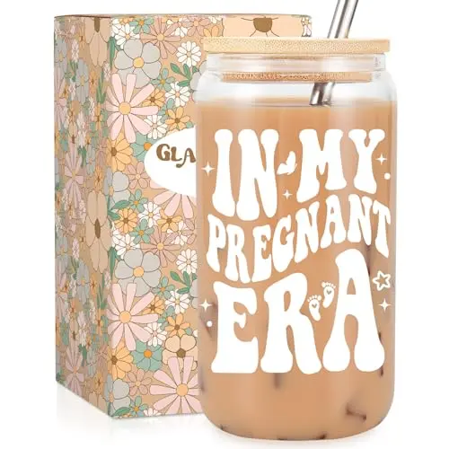 White 16oz glass coffee cup with 'in my pregnant era' text, lid, and metal straw