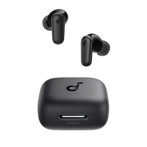 Soundcore P30i black wireless earbuds with charging case that doubles as a phone stand