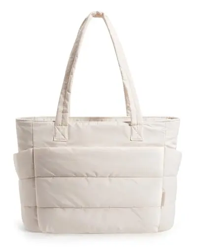 BAGSMART lightweight puffy quilted tote bag in beige with multiple compartments