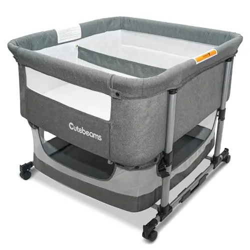 cutebeams Twin Bassinet for 2 Babies in Grey, showing mesh sides and wheels