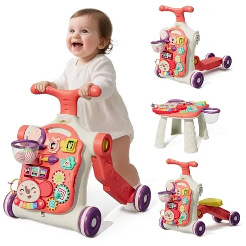 HYES 5-in-1 red baby walker that transforms into a scooter and activity table