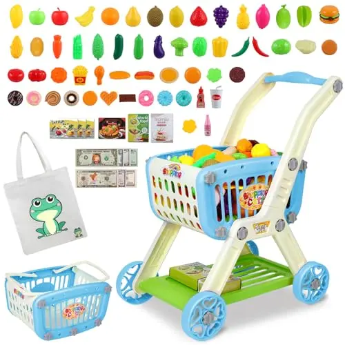 Blue 2-in-1 toy shopping cart that can also be used as a hand basket, surrounded by pretend food.