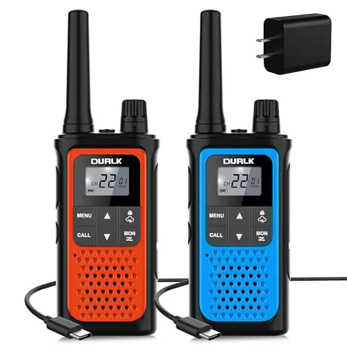 DURLK orange and blue walkie talkies with USB-C cable