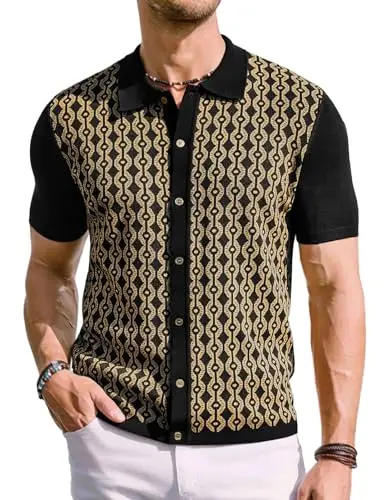 PJ PAUL JONES Men's 70s Short Sleeve Polo Shirt in black and gold contrast design