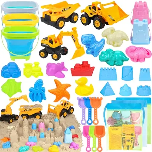 Large beach toy set with construction vehicles, buckets, and many sand molds