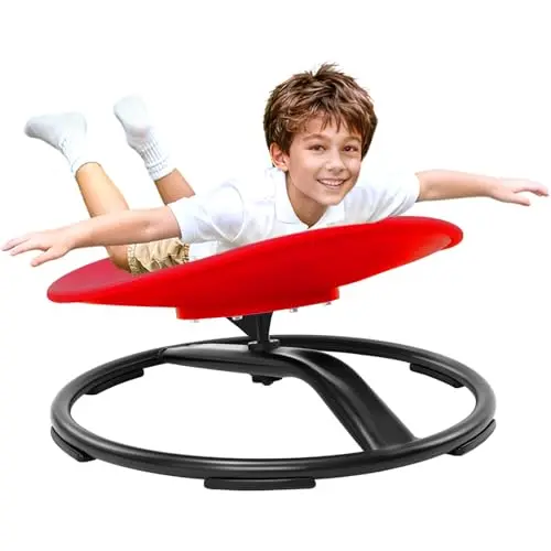 A low-to-the-ground, red plastic swivel chair on a sturdy metal base, designed for spinning and rotating.