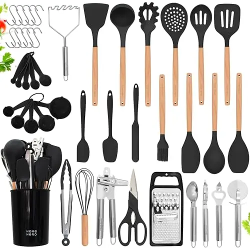 Home Hero black silicone and wooden handle utensil set