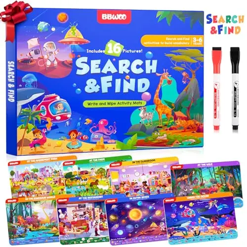 Wipe-clean search and find activity book with markers for kids