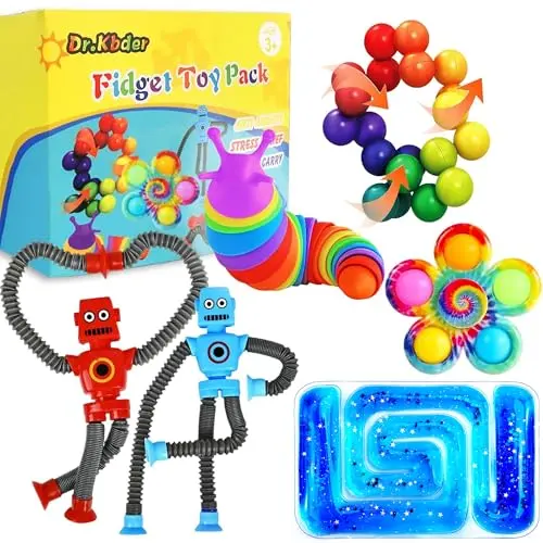 Assortment of six small fidget toys including squishies, slugs, and spinners